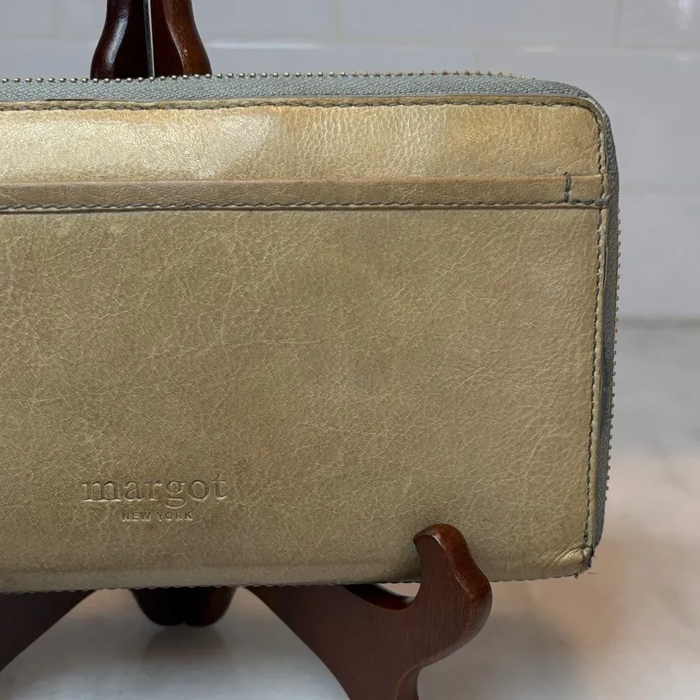 MARGOT New York Gabby Zip Around Wallet Wristlet Leather Neutral Beige Gold